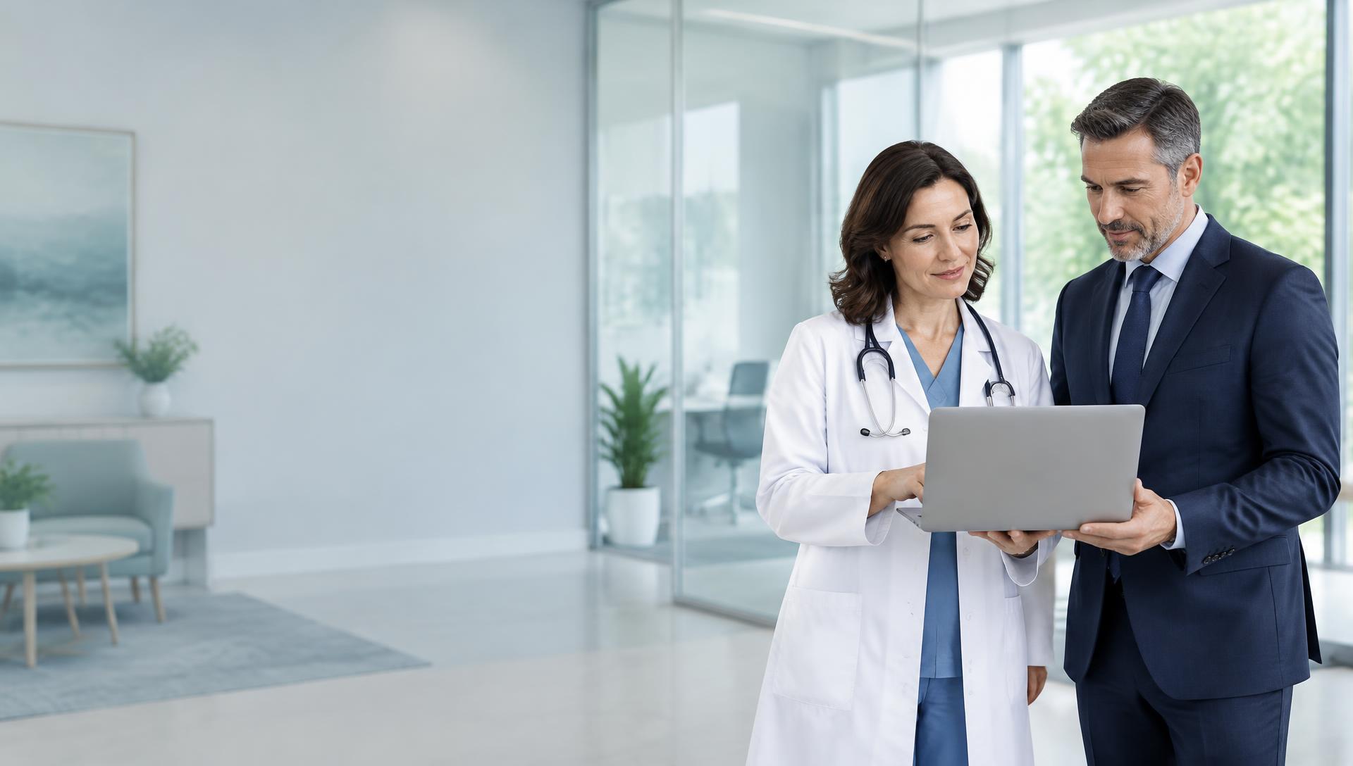 Physician and practice administrator evaluating healthcare technology together